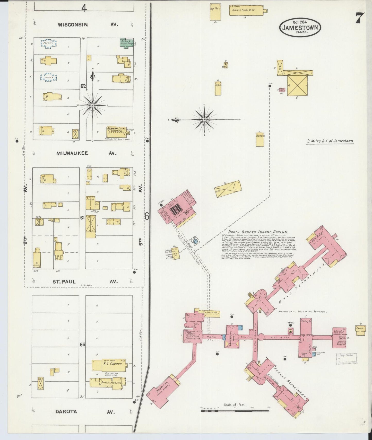 Sanborn Fire Insurance Map from Jamestown, Stutsman County, North Dakota (1904), Sheet #0007 - Complete Map Set gallery image, historic Sanborn map, vintage wall art, North Dakota North Dakota