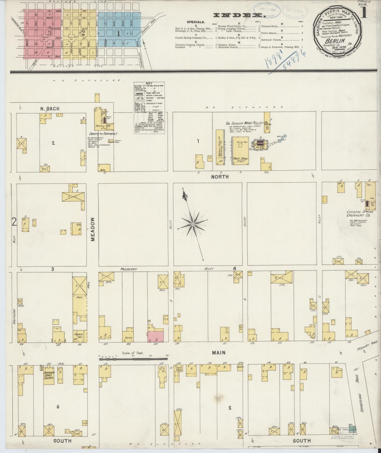 Sanborn Fire Insurance Map from Berlin, Somerset County, Pennsylvania (1898), Sheet #0001 - Historic Sanborn Fire Insurance Map Print, vintage old map wall art, antique decor, genealogy gift, Pennsylvania Pennsylvania map