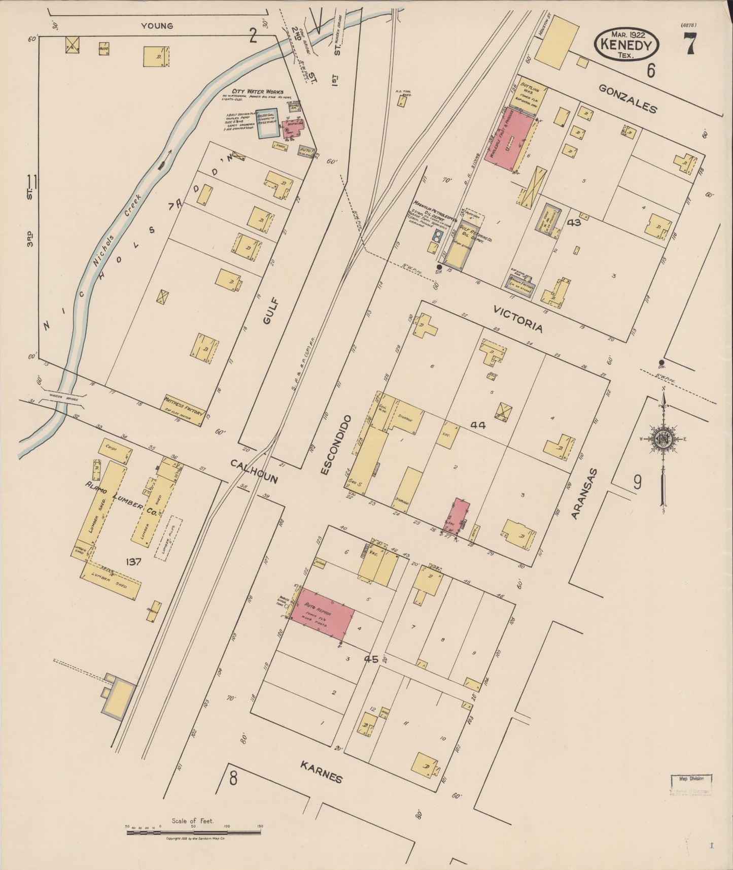 Sanborn Fire Insurance Map from Kenedy, Karnes County, Texas (1922), Sheet #0007 - Historic Sanborn Fire Insurance Map Print, vintage old map wall art, antique decor, genealogy gift, Texas Texas map