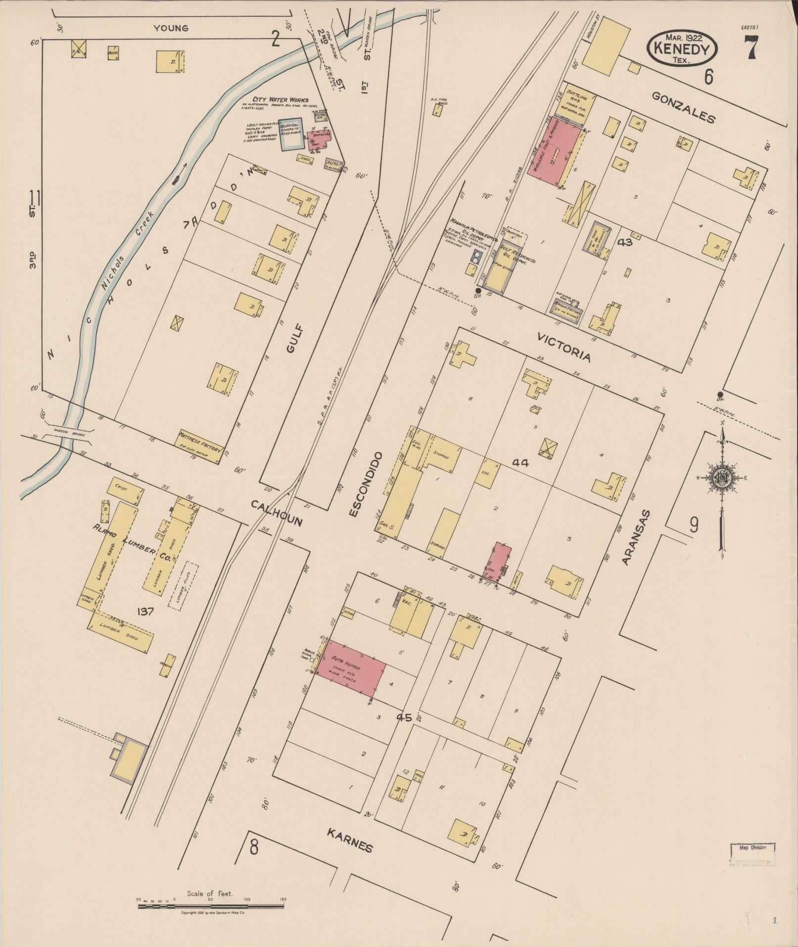Sanborn Fire Insurance Map from Kenedy, Karnes County, Texas (1922), Sheet #0007 - Historic Sanborn Fire Insurance Map Print, vintage old map wall art, antique decor, genealogy gift, Texas Texas map