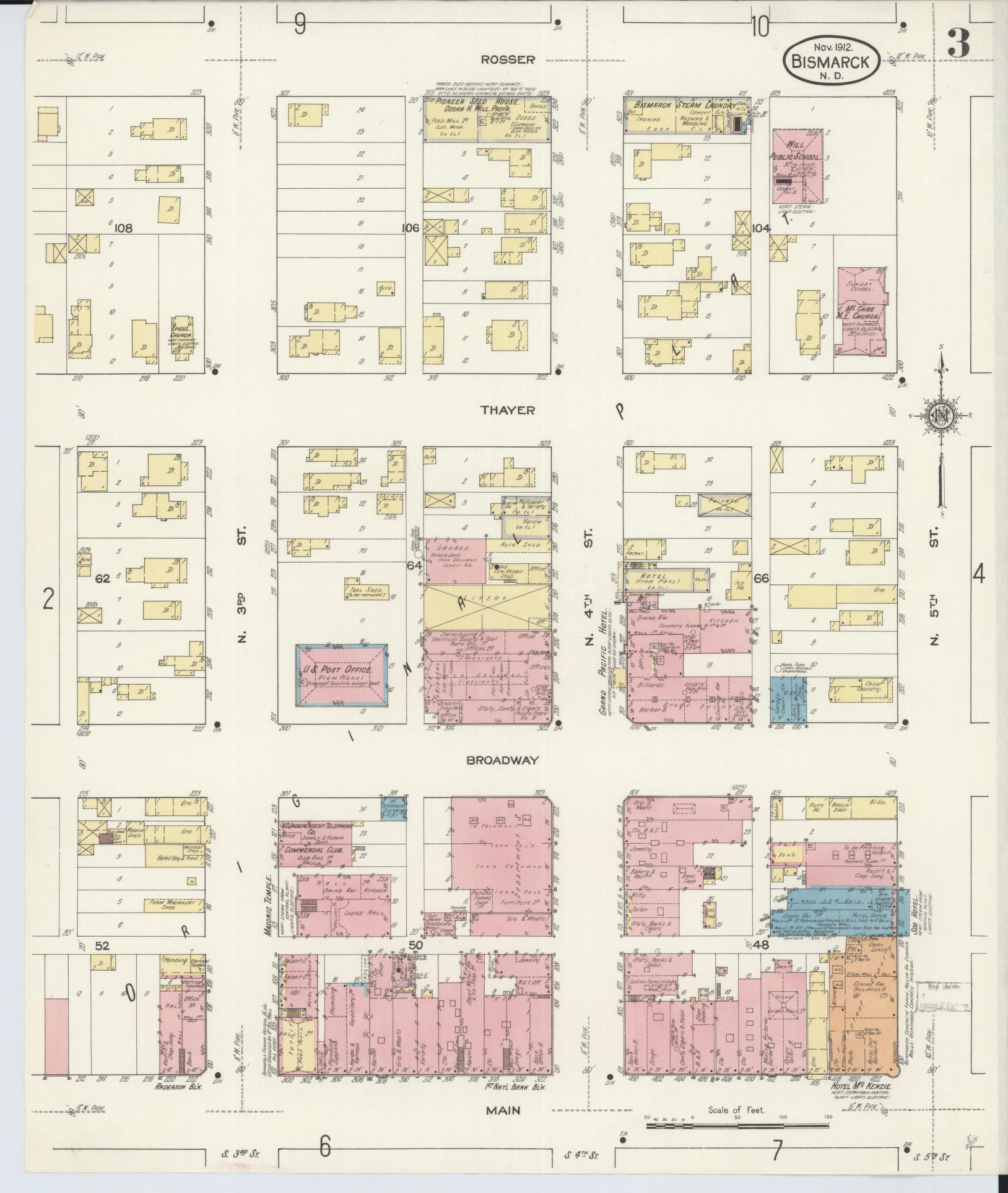 Sanborn Fire Insurance Map from Bismarck, Burleigh County, North Dakota (1912), Sheet #0003 - Complete Map Set gallery image, historic Sanborn map, vintage wall art, North Dakota North Dakota
