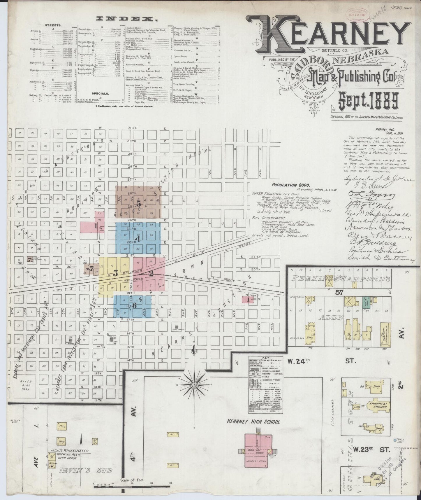 Sanborn Fire Insurance Map from Kearney, Buffalo County, Nebraska (1889), Sheet #0001 - Historic Sanborn Fire Insurance Map Print, vintage old map wall art, antique decor, genealogy gift, Nebraska Nebraska map