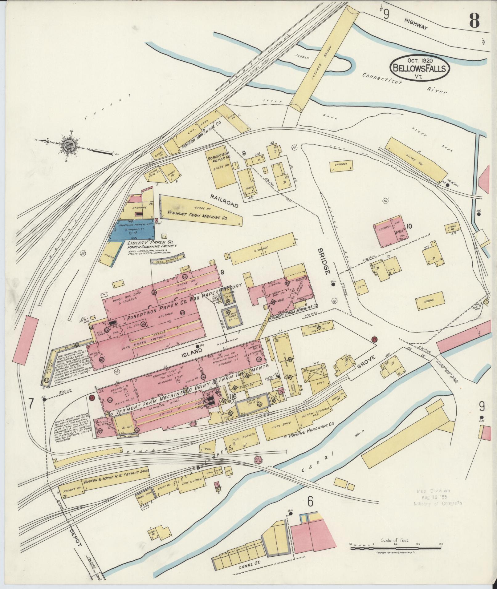 Sanborn Fire Insurance Map from Bellows Falls, Windham County, Vermont (1920), Sheet #0008 - Complete Map Set gallery image, historic Sanborn map, vintage wall art, Vermont Vermont
