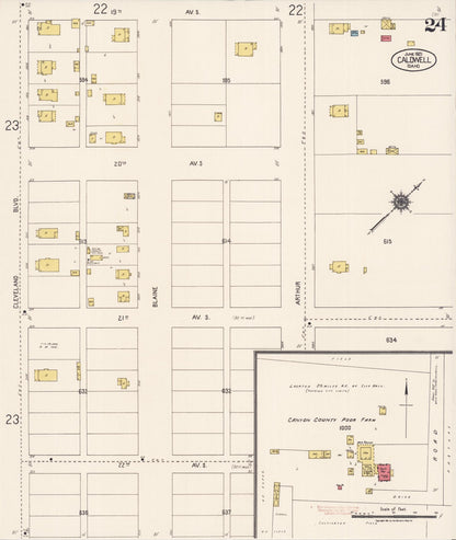 Sanborn Fire Insurance Map from Caldwell, Canyon County, Idaho (1921), Sheet #0024 - Complete Map Set gallery image, historic Sanborn map, vintage wall art, Idaho Idaho