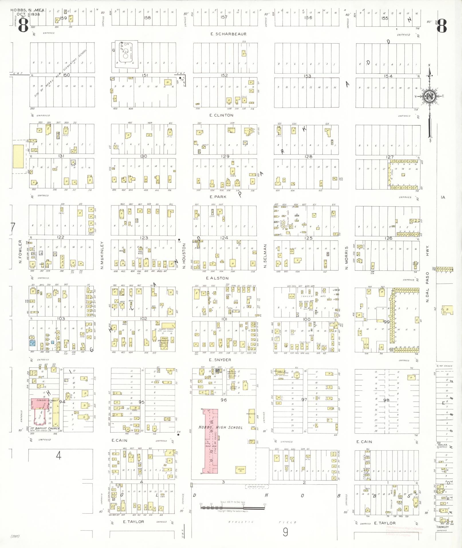 Sanborn Fire Insurance Map from Hobbs, Lea County, New Mexico (1938), Sheet #0008 - Historic Sanborn Fire Insurance Map Print, vintage old map wall art, antique decor, genealogy gift, New Mexico New Mexico map