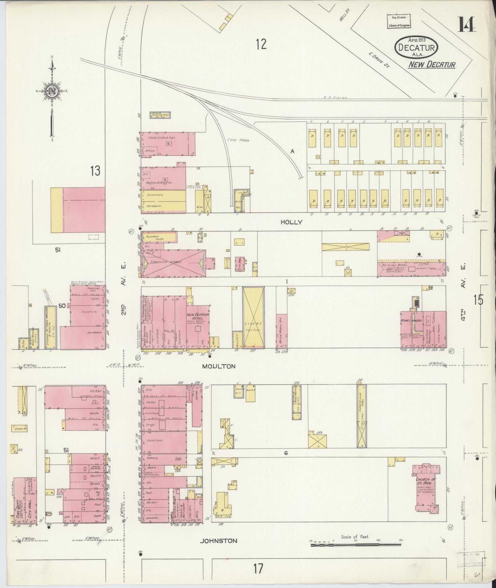 Sanborn Fire Insurance Map from Decatur, Morgan County, Alabama (1913), Sheet #0014 - Historic Sanborn Fire Insurance Map Print, vintage old map wall art, antique decor, genealogy gift, Alabama Alabama map