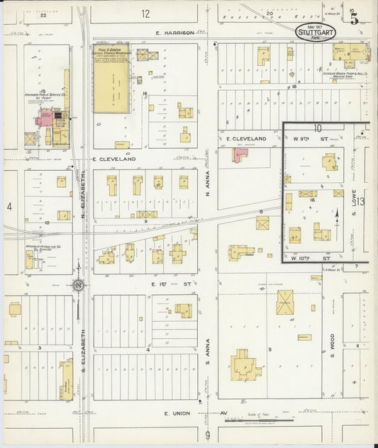 Sanborn Fire Insurance Map from Stuttgart, Arkansas County, Arkansas (1917), Sheet #0005 - Historic Sanborn Fire Insurance Map Print, vintage old map wall art, antique decor, genealogy gift, Stuttgart Arkansas map
