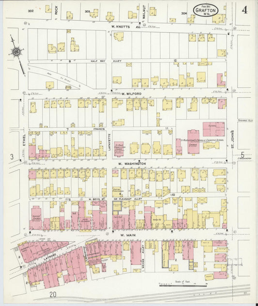 Sanborn Fire Insurance Map from Grafton, Taylor County, West Virginia (1911), Sheet #0004 - Historic Sanborn Fire Insurance Map Print, vintage old map wall art, antique decor, genealogy gift, West Virginia West Virginia map