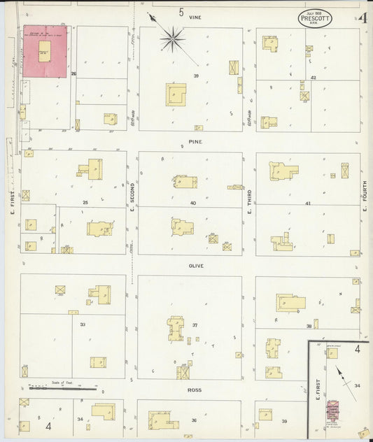 Sanborn Fire Insurance Map from Prescott, Nevada County, Arkansas (1908), Sheet #0004 - Historic Sanborn Fire Insurance Map Print, vintage old map wall art, antique decor, genealogy gift, Prescott Nevada map