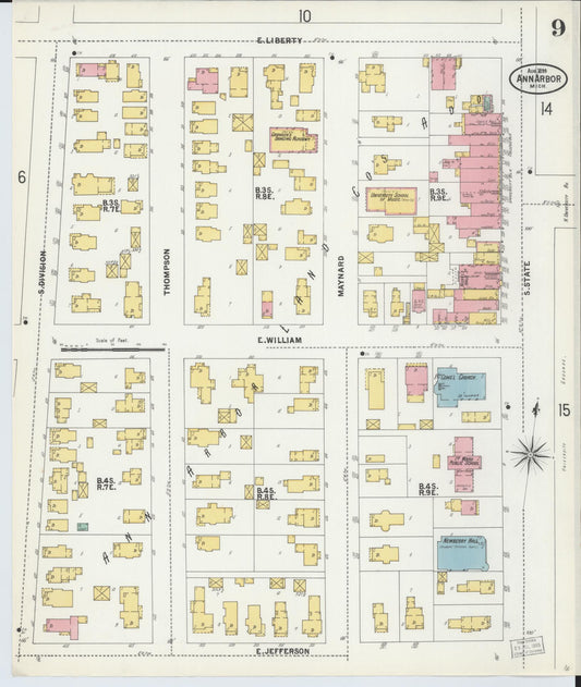 Sanborn Fire Insurance Map from Ann Arbor, Washtenaw County, Michigan (1899), Sheet #0009 - Historic Sanborn Fire Insurance Map Print, vintage old map wall art, antique decor, genealogy gift, Michigan Michigan map