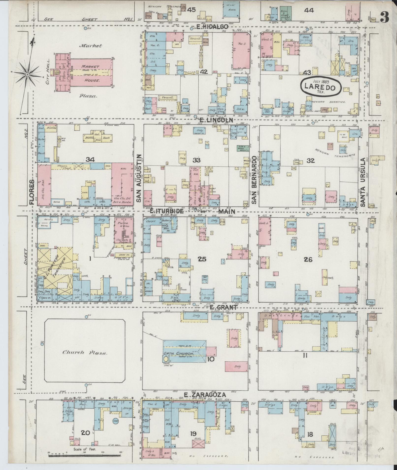 Sanborn Fire Insurance Map from Laredo, Webb County, Texas (1889), Sheet #0003 - Historic Sanborn Fire Insurance Map Print, vintage old map wall art, antique decor, genealogy gift, Texas Texas map