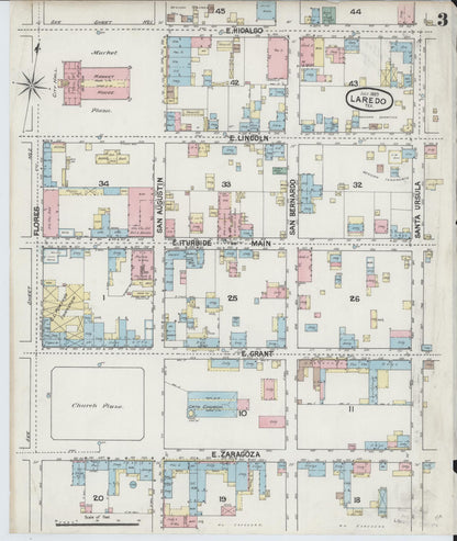 Sanborn Fire Insurance Map from Laredo, Webb County, Texas (1889), Sheet #0003 - Historic Sanborn Fire Insurance Map Print, vintage old map wall art, antique decor, genealogy gift, Texas Texas map