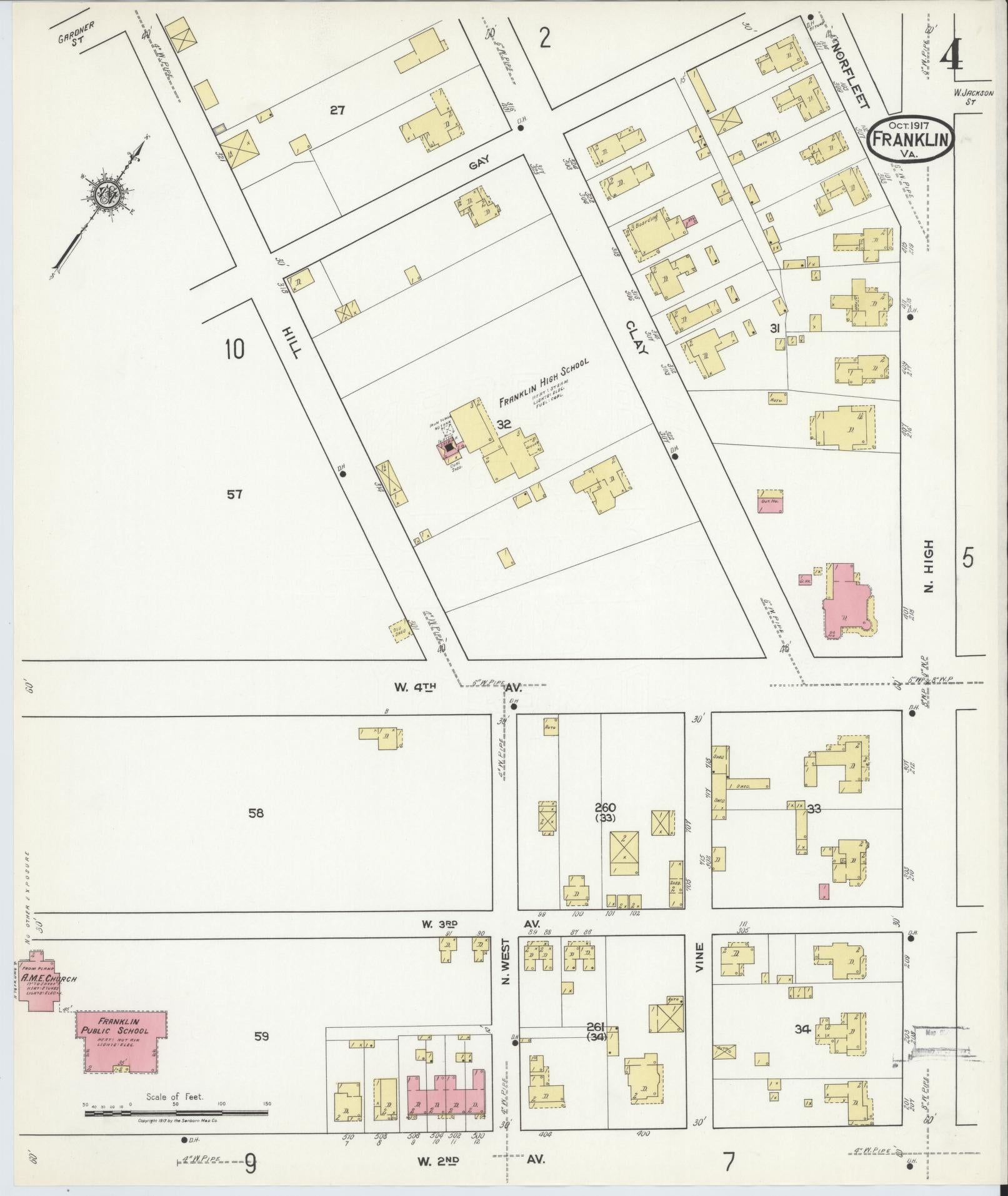 Sanborn Fire Insurance Map from Franklin, Independent Cities, Virginia (1917), Sheet #0004 - Complete Map Set gallery image, historic Sanborn map, vintage wall art, Virginia Virginia
