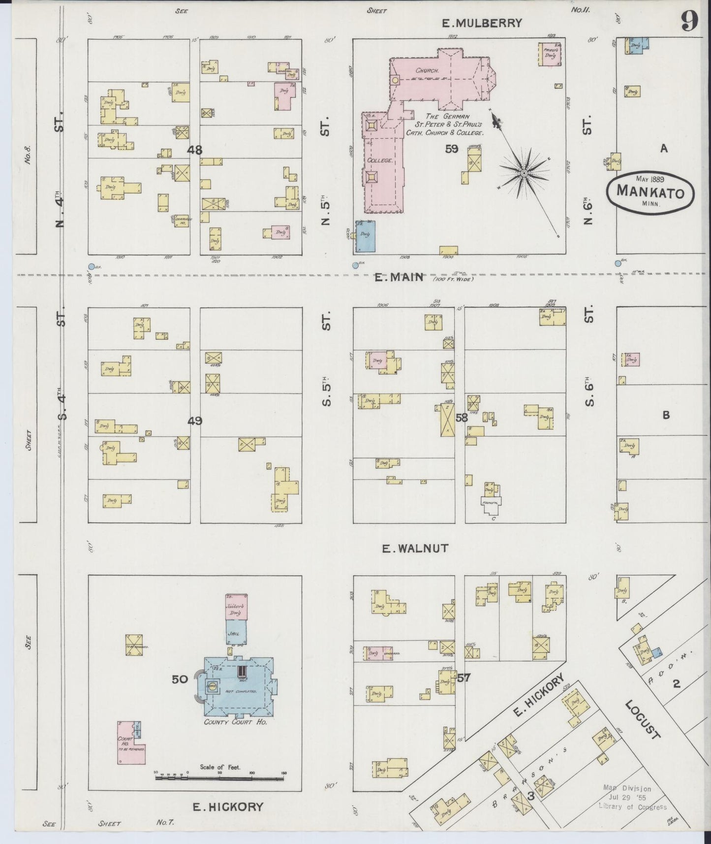 Sanborn Fire Insurance Map from Mankato, Blue Earth County, Minnesota (1889), Sheet #0009 - Historic Sanborn Fire Insurance Map Print, vintage old map wall art, antique decor, genealogy gift, Minnesota Minnesota map