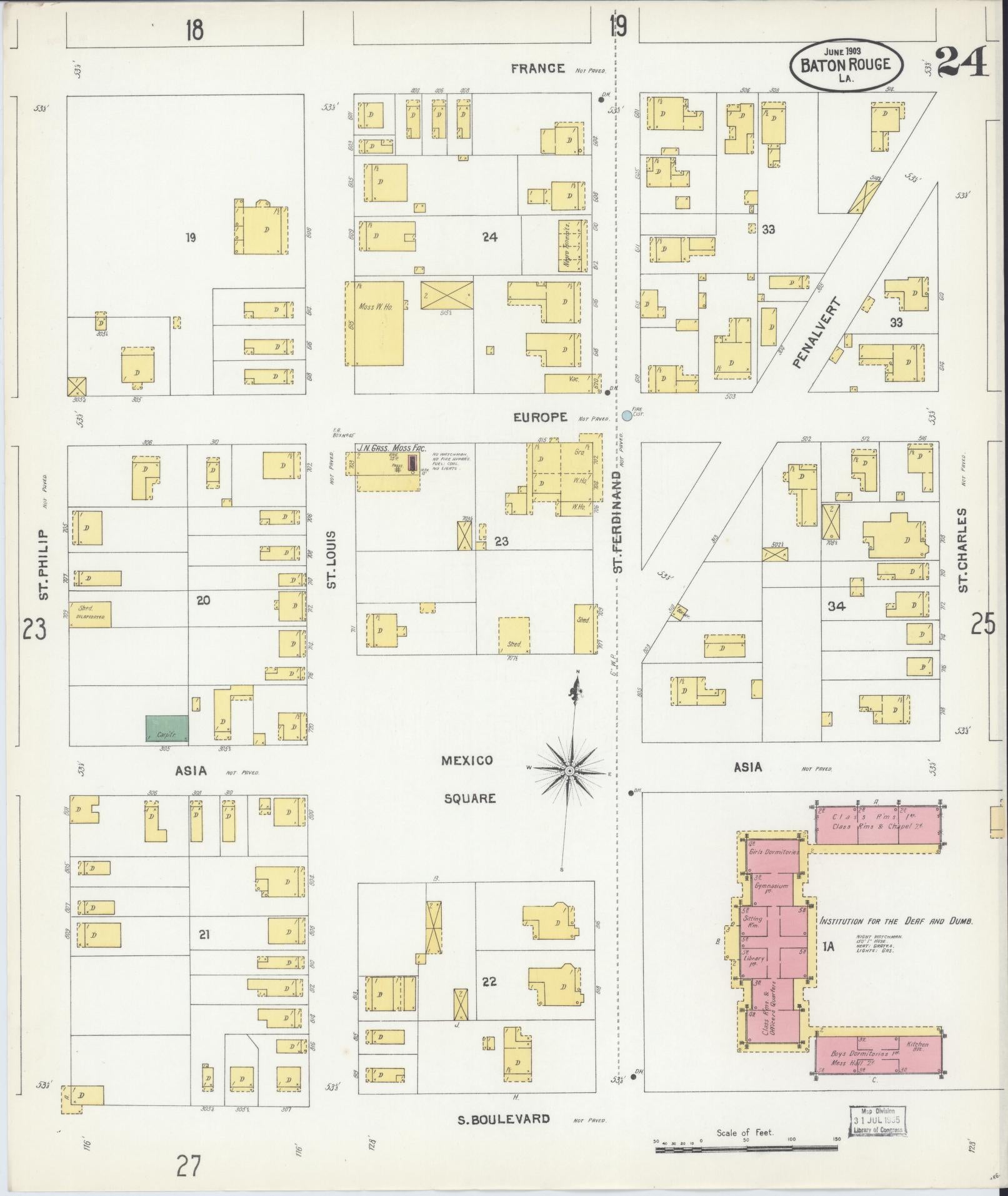 Sanborn Fire Insurance Map from Baton Rouge, East Baton Rouge Parish, Louisiana (1903), Sheet #0024 - Historic Sanborn Fire Insurance Map Print, vintage old map wall art, antique decor, genealogy gift, Louisiana Louisiana map