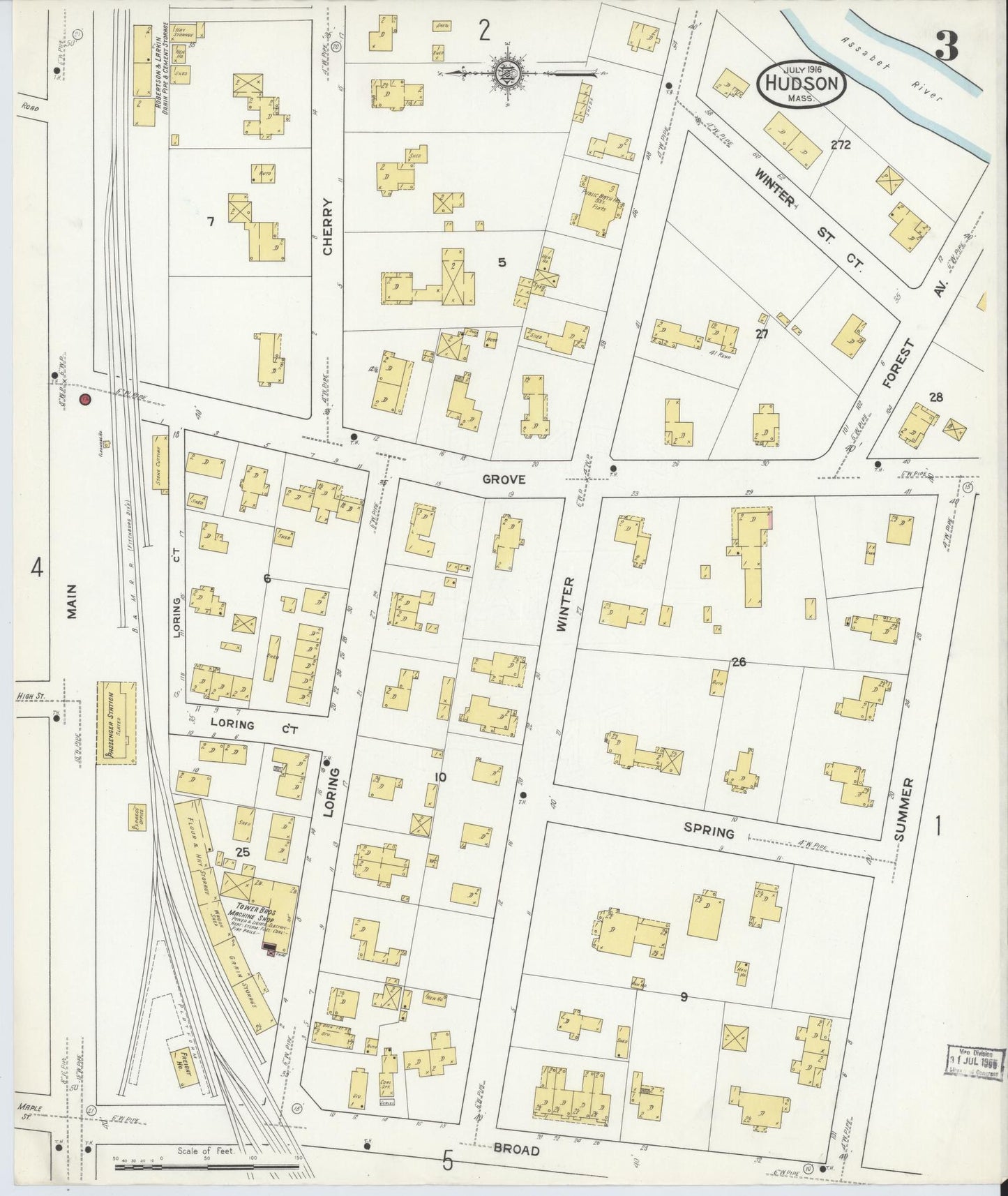 Sanborn Fire Insurance Map from Hudson, Middlesex County, Massachusetts (1916), Sheet #0003 - Historic Sanborn Fire Insurance Map Print, vintage old map wall art, antique decor, genealogy gift, Massachusetts Massachusetts map