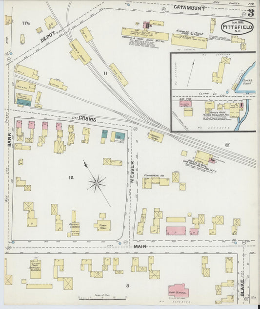 Sanborn Fire Insurance Map from Pittsfield, Merrimack County, New Hampshire (1892), Sheet #0003 - Historic Sanborn Fire Insurance Map Print, vintage old map wall art, antique decor, genealogy gift, New Hampshire New Hampshire map