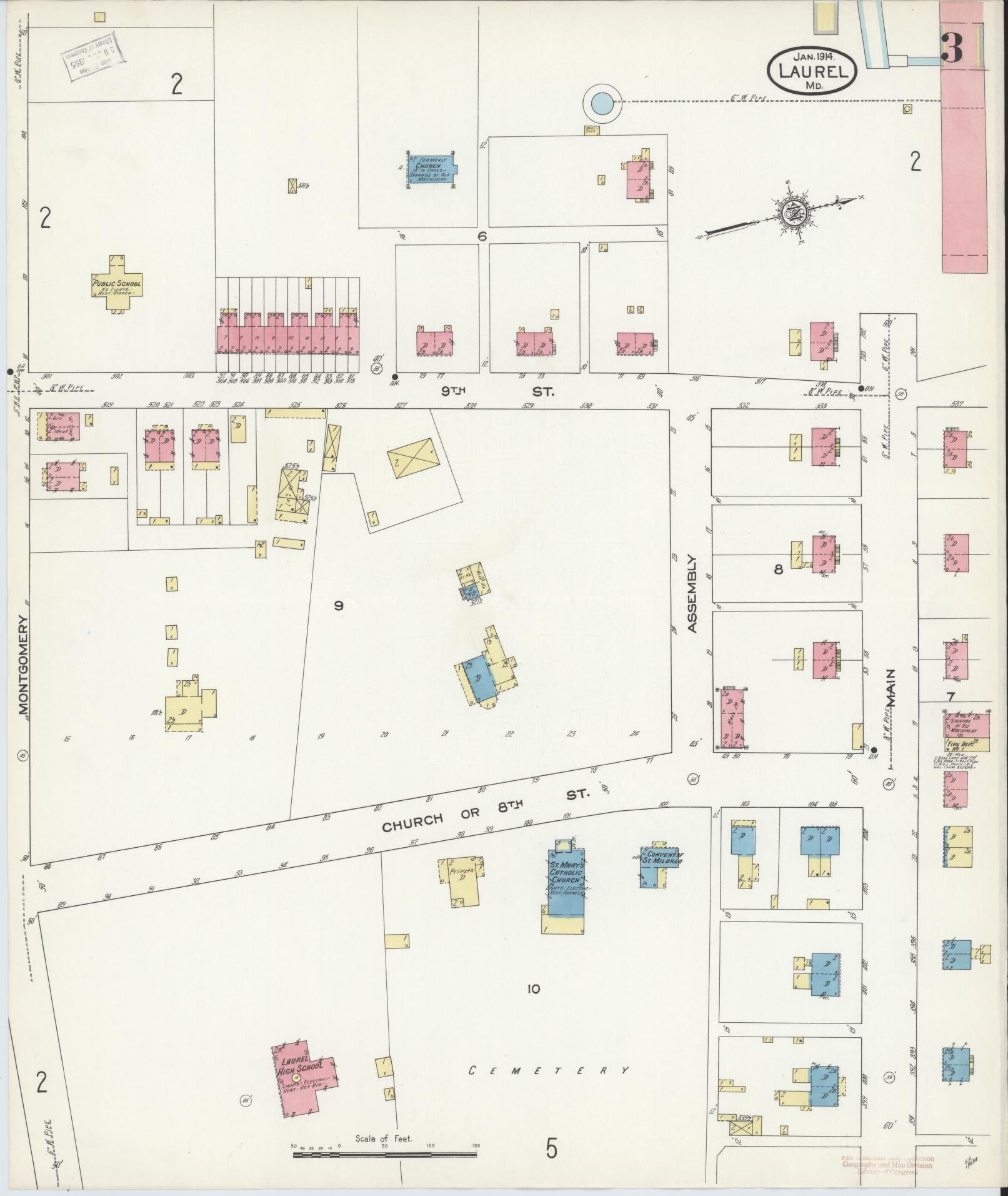 Sanborn Fire Insurance Map from Laurel, Prince Georges County, Maryland (1914), Sheet #0003 - Historic Sanborn Fire Insurance Map Print, vintage old map wall art