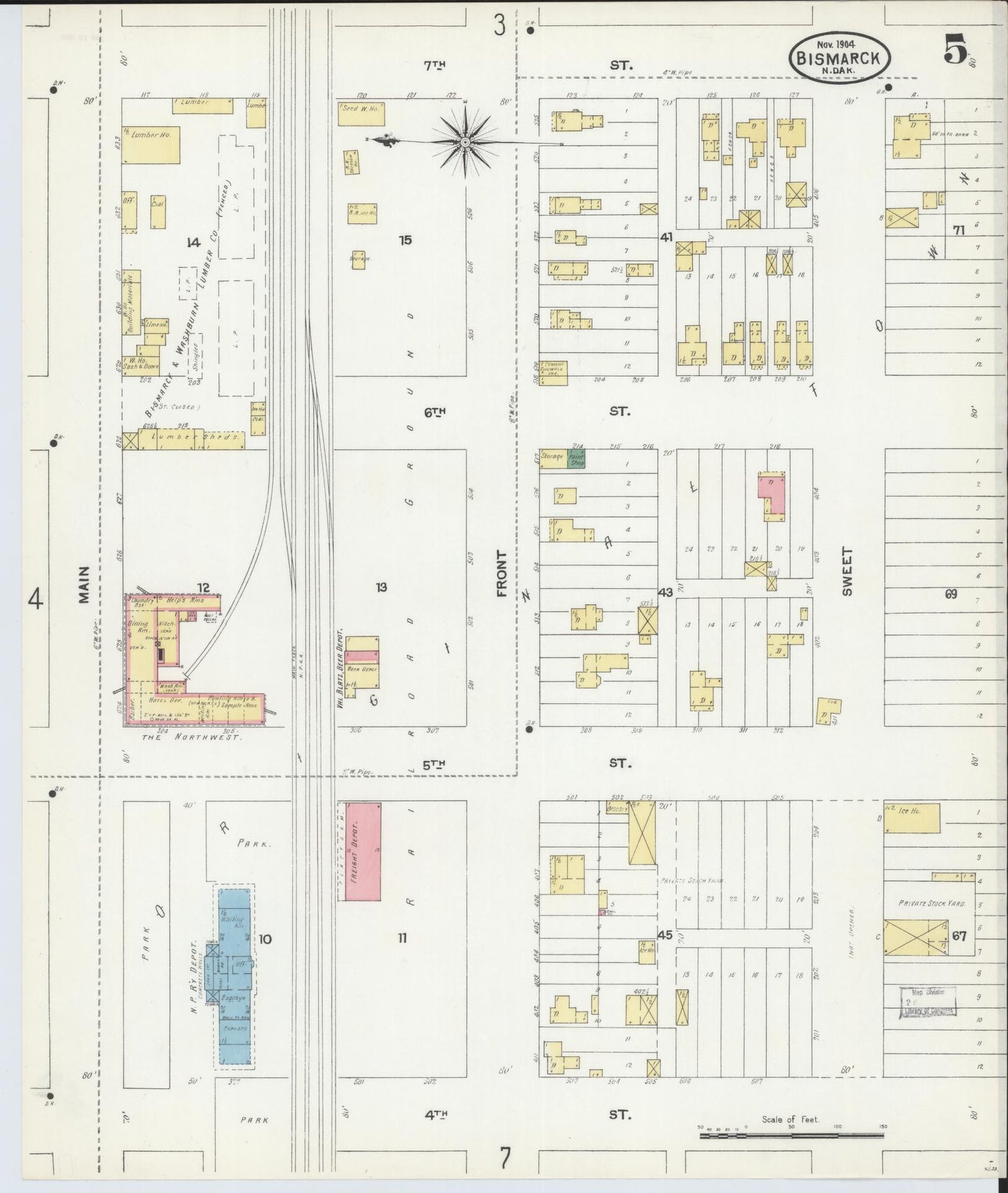 Sanborn Fire Insurance Map from Bismarck, Burleigh County, North Dakota (1904), Sheet #0005 - Complete Map Set gallery image, historic Sanborn map, vintage wall art, North Dakota North Dakota