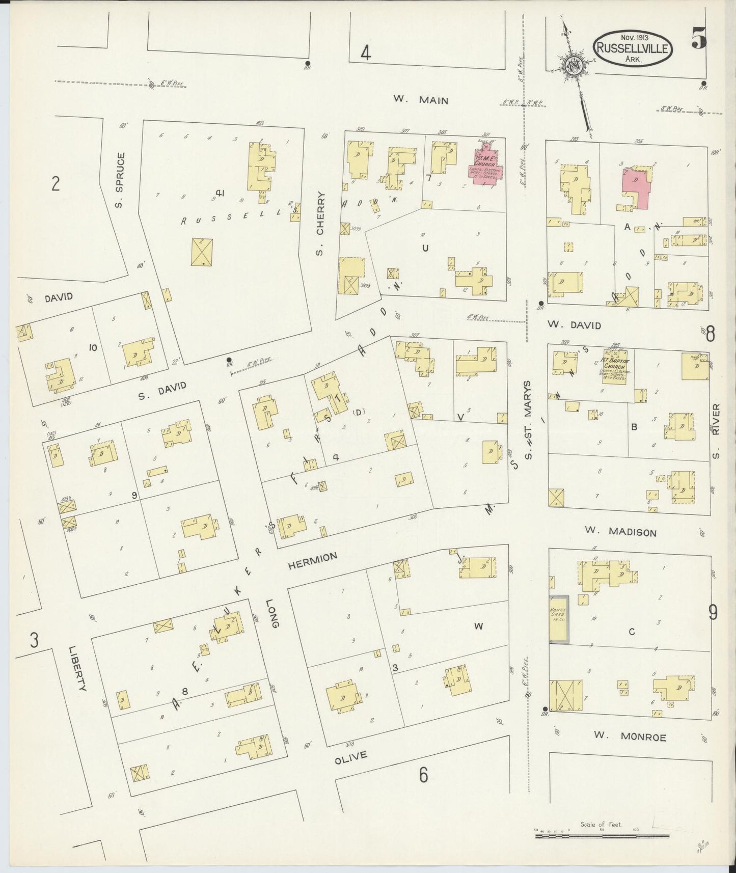 Sanborn Fire Insurance Map from Russellville, Pope County, Arkansas (1913), Sheet #0005 - Historic Sanborn Fire Insurance Map Print, vintage old map wall art, antique decor, genealogy gift, Arkansas Arkansas map