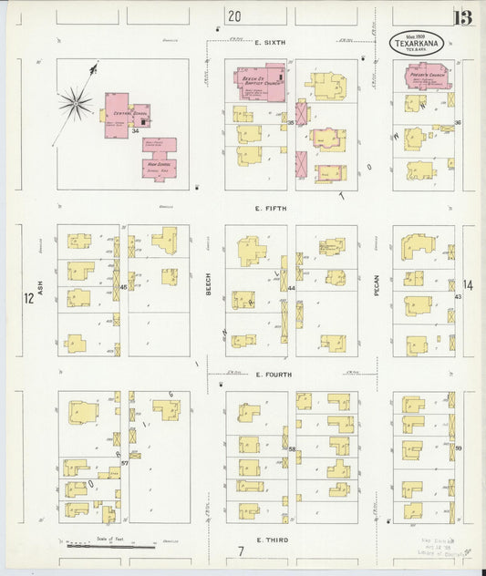 Sanborn Fire Insurance Map from Texarkana, Bowie County, Texas (1909), Sheet #0013 - Historic Sanborn Fire Insurance Map Print, vintage old map wall art, antique decor, genealogy gift, Texas Texas map