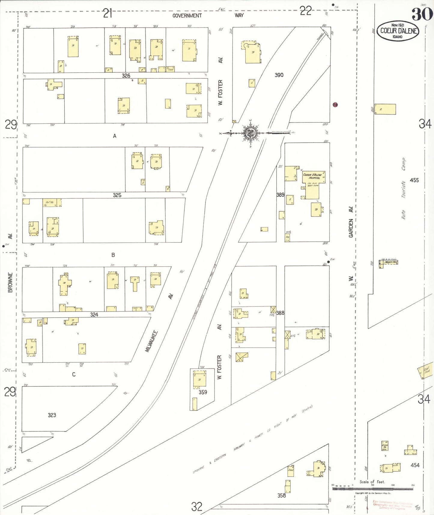 Sanborn Fire Insurance Map from Coeur D'alene, Kootenai County, Idaho (1921), Sheet #0030 - Complete Map Set gallery image, historic Sanborn map, vintage wall art, Idaho Idaho