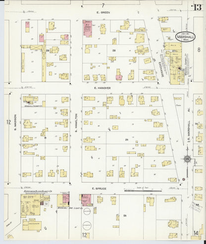 Sanborn Fire Insurance Map from Marshall, Calhoun County, Michigan (1911), Sheet #0013 - Historic Sanborn Fire Insurance Map Print, vintage old map wall art, antique decor, genealogy gift, Michigan Michigan map