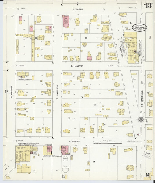 Sanborn Fire Insurance Map from Marshall, Calhoun County, Michigan (1911), Sheet #0013 - Historic Sanborn Fire Insurance Map Print, vintage old map wall art, antique decor, genealogy gift, Michigan Michigan map