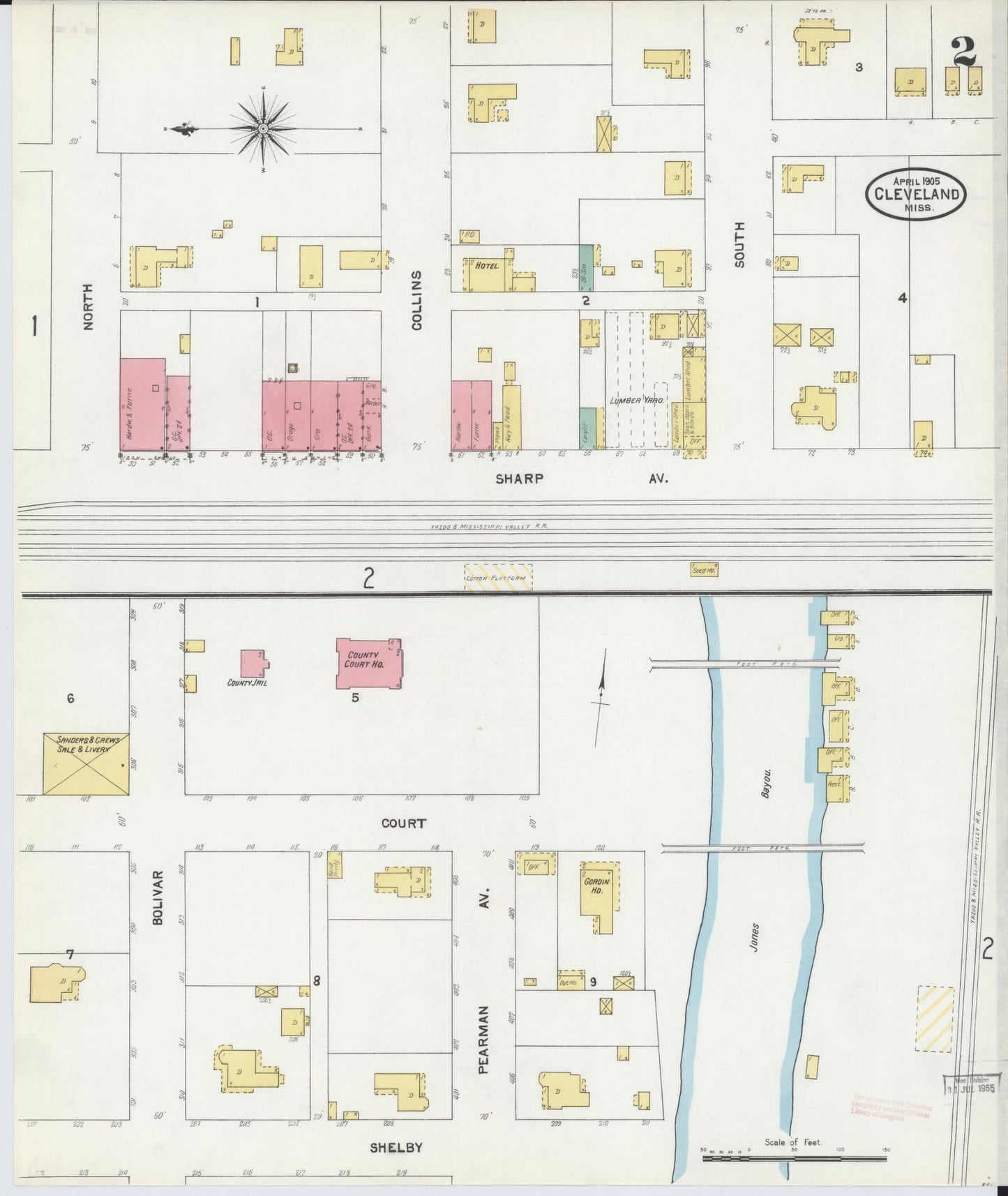 Sanborn Fire Insurance Map from Cleveland, Bolivar County, Mississippi (1905), Sheet #0002 - Complete Map Set gallery image, historic Sanborn map, vintage wall art, Mississippi Mississippi