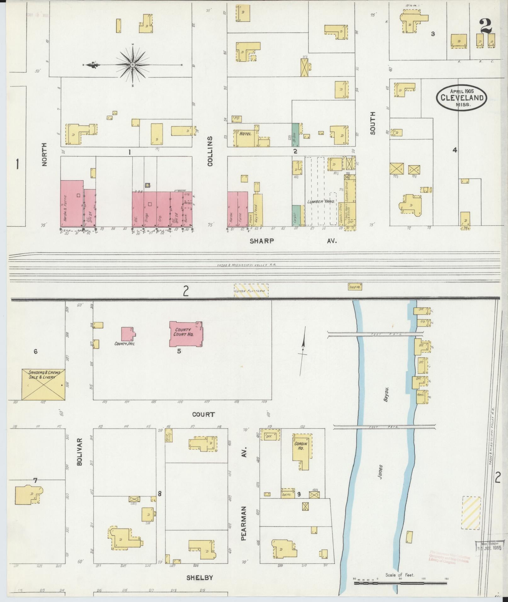 Sanborn Fire Insurance Map from Cleveland, Bolivar County, Mississippi (1905), Sheet #0002 - Complete Map Set gallery image, historic Sanborn map, vintage wall art, Mississippi Mississippi