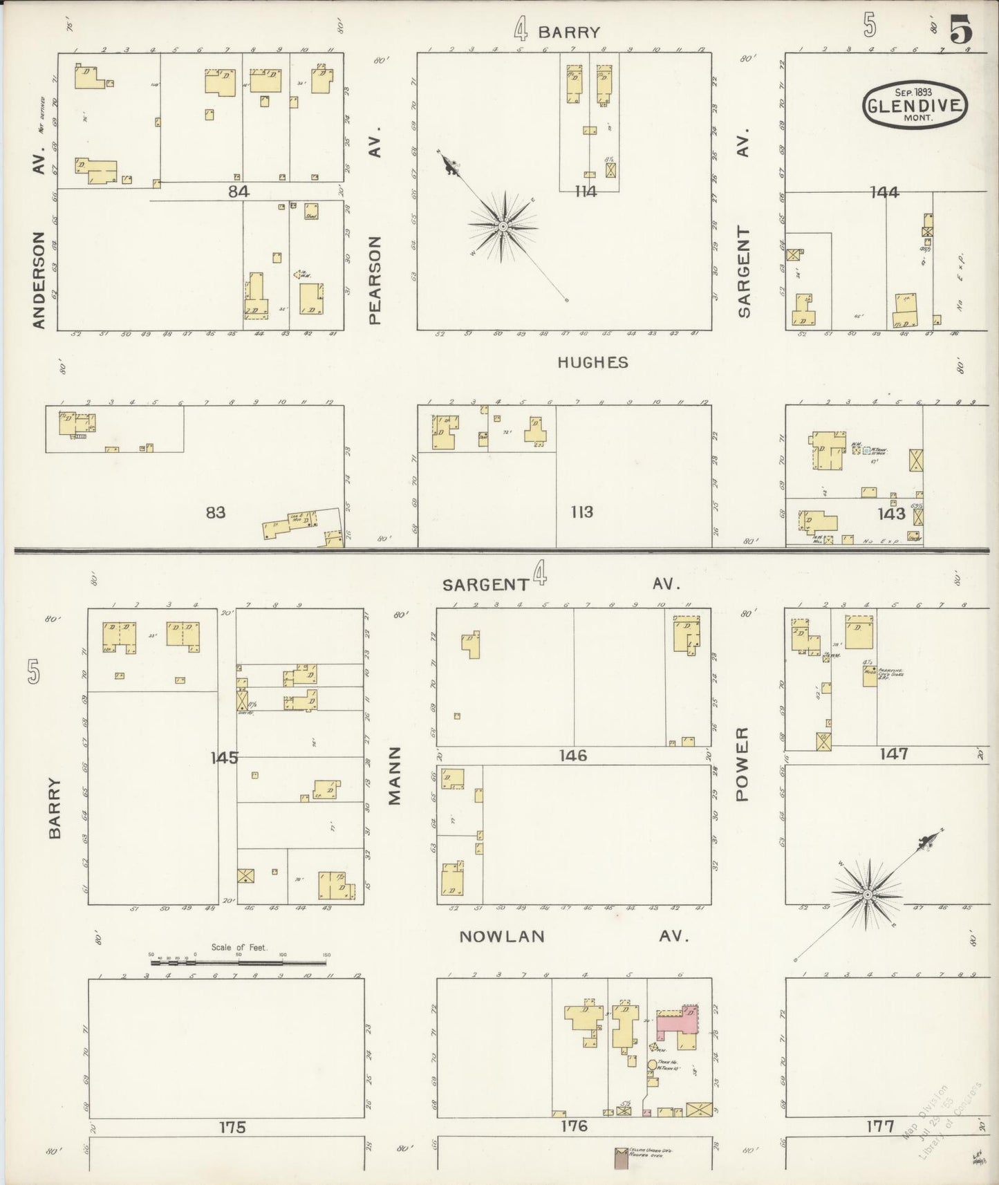 Sanborn Fire Insurance Map from Glendive, Dawson County, Montana (1893), Sheet #0005 - Historic Sanborn Fire Insurance Map Print, vintage old map wall art, antique decor, genealogy gift, Montana Montana map