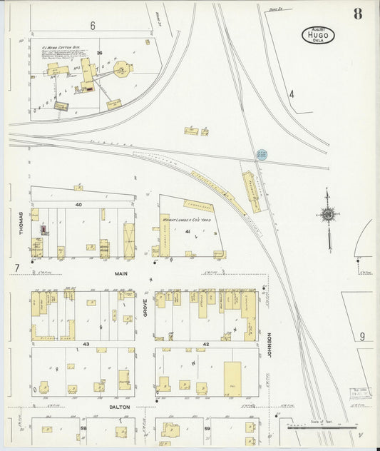 Sanborn Fire Insurance Map from Hugo, Choctaw County, Oklahoma (1911), Sheet #0008 - Historic Sanborn Fire Insurance Map Print, vintage old map wall art, antique decor, genealogy gift, Oklahoma Oklahoma map