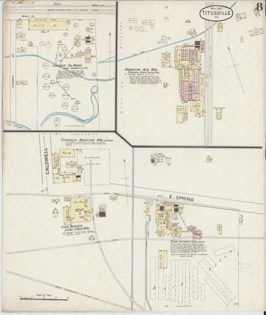 Sanborn Fire Insurance Map from Titusville, Crawford County, Pennsylvania (1887), Sheet #0008 - Historic Sanborn Fire Insurance Map Print, vintage old map wall art, antique decor, genealogy gift, Pennsylvania Pennsylvania map