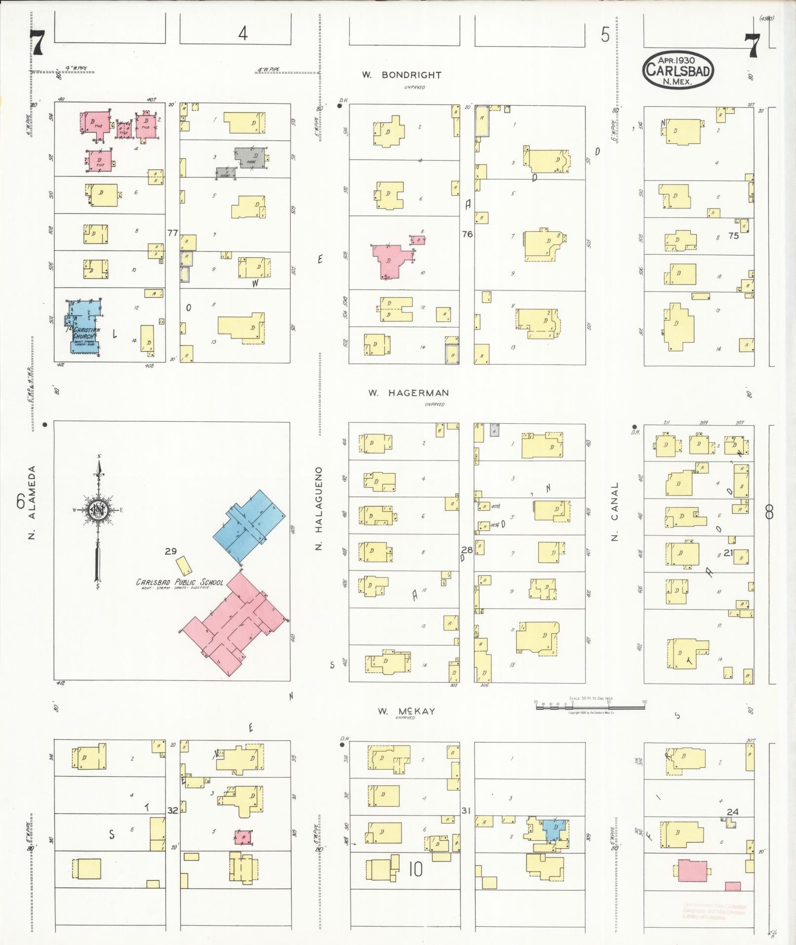 Sanborn Fire Insurance Map from Carlsbad, Eddy County, New Mexico (1930), Sheet #0007 - Complete Map Set gallery image, historic Sanborn map, vintage wall art, New Mexico New Mexico
