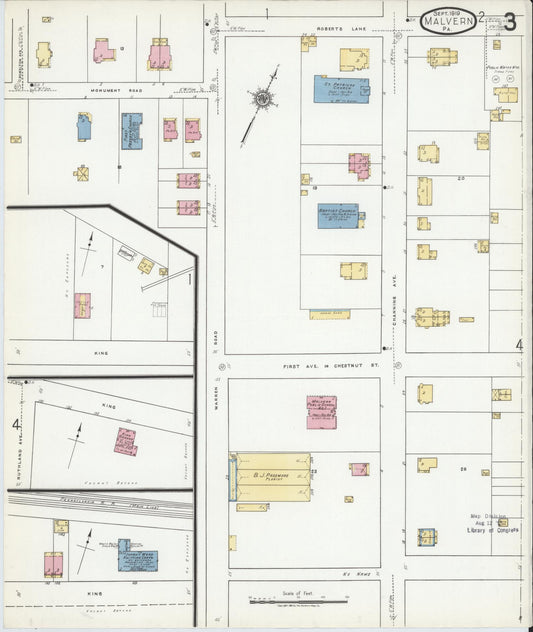 Sanborn Fire Insurance Map from Malvern, Chester County, Pennsylvania (1919), Sheet #0003 - Historic Sanborn Fire Insurance Map Print, vintage old map wall art, antique decor, genealogy gift, Pennsylvania Pennsylvania map
