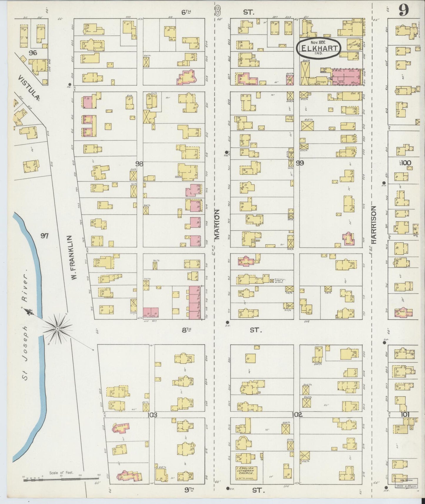 Sanborn Fire Insurance Map from Elkhart, Elkhart County, Indiana (1892), Sheet #0009 - Historic Sanborn Fire Insurance Map Print, vintage old map wall art, antique decor, genealogy gift, Indiana Indiana map