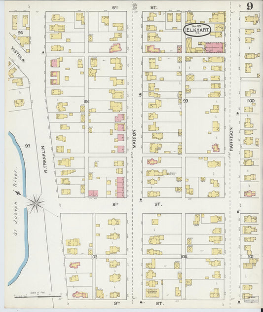 Sanborn Fire Insurance Map from Elkhart, Elkhart County, Indiana (1892), Sheet #0009 - Historic Sanborn Fire Insurance Map Print, vintage old map wall art, antique decor, genealogy gift, Indiana Indiana map