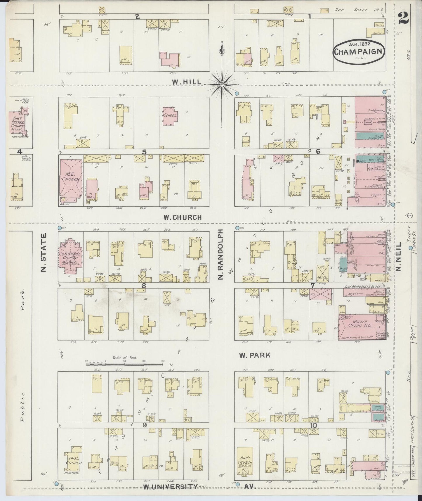 Sanborn Fire Insurance Map from Champaign, Champaign County, Illinois (1892), Sheet #0002 - Complete Map Set gallery image, historic Sanborn map, vintage wall art, Illinois Illinois