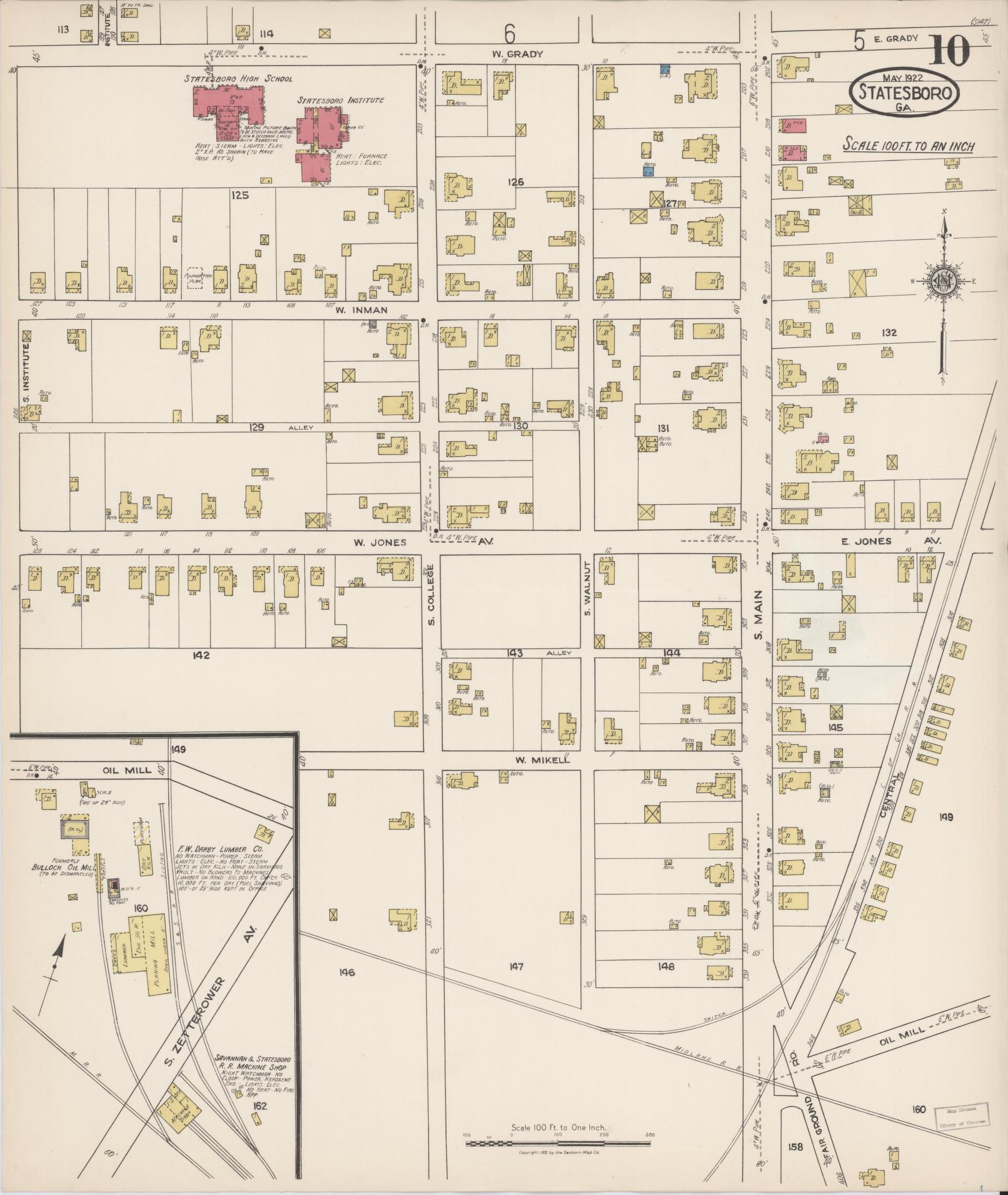 Sanborn Fire Insurance Map from Statesboro, Bulloch County, Georgia (1922), Sheet #0010 - Historic Sanborn Fire Insurance Map Print, vintage old map wall art, antique decor, genealogy gift, Georgia Georgia map