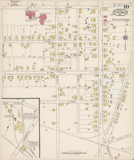Sanborn Fire Insurance Map from Statesboro, Bulloch County, Georgia (1922), Sheet #0010 - Historic Sanborn Fire Insurance Map Print, vintage old map wall art, antique decor, genealogy gift, Georgia Georgia map