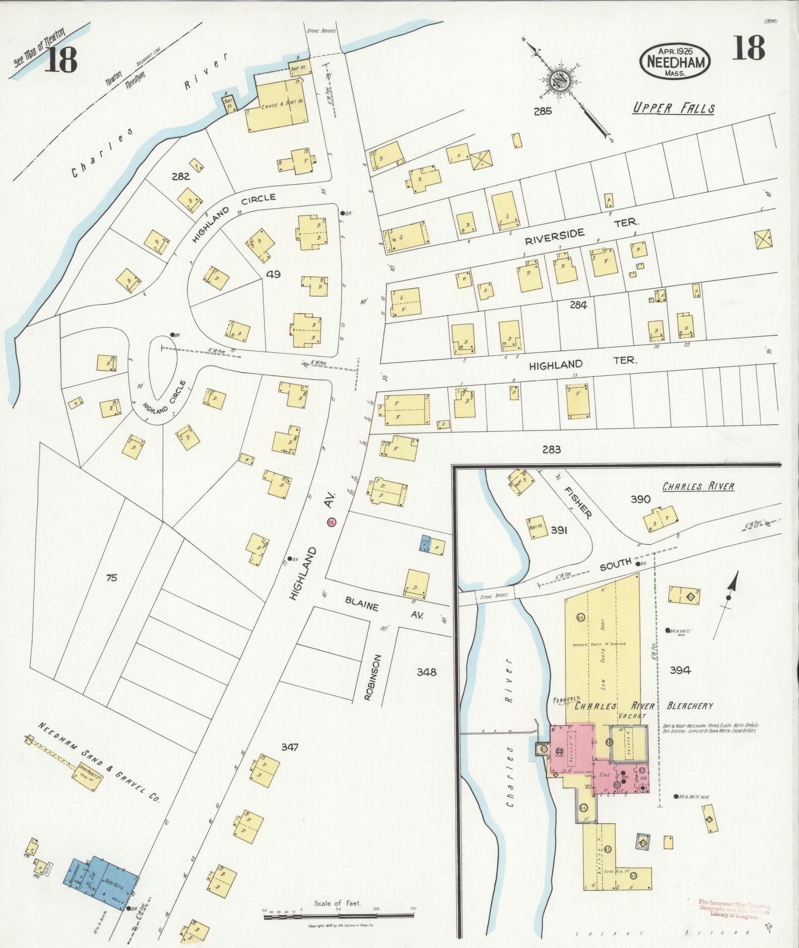Sanborn Fire Insurance Map from Needham, Norfolk County, Massachusetts (1926), Sheet #0018 - Historic Sanborn Fire Insurance Map Print, vintage old map wall art, antique decor, genealogy gift, Massachusetts Massachusetts map