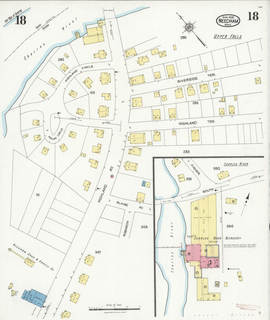 Sanborn Fire Insurance Map from Needham, Norfolk County, Massachusetts (1926), Sheet #0018 - Historic Sanborn Fire Insurance Map Print, vintage old map wall art, antique decor, genealogy gift, Massachusetts Massachusetts map