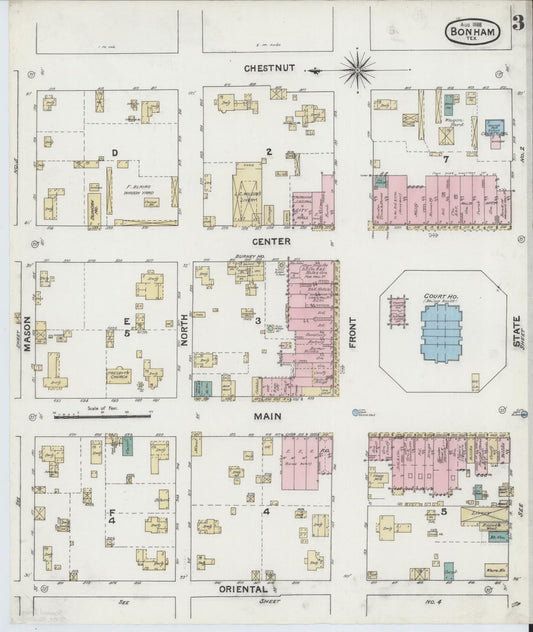 Sanborn Fire Insurance Map from Bonham, Fannin County, Texas (1888), Sheet #0003 - Historic Sanborn Fire Insurance Map Print, vintage old map wall art, antique decor, genealogy gift, Texas Texas map