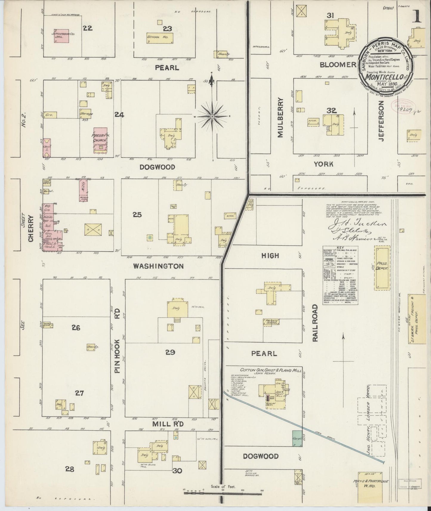 Sanborn Fire Insurance Map from Monticello, Jefferson County, Florida (1890), Sheet #0001 - Historic Sanborn Fire Insurance Map Print, vintage old map wall art, antique decor, genealogy gift, Florida Florida map