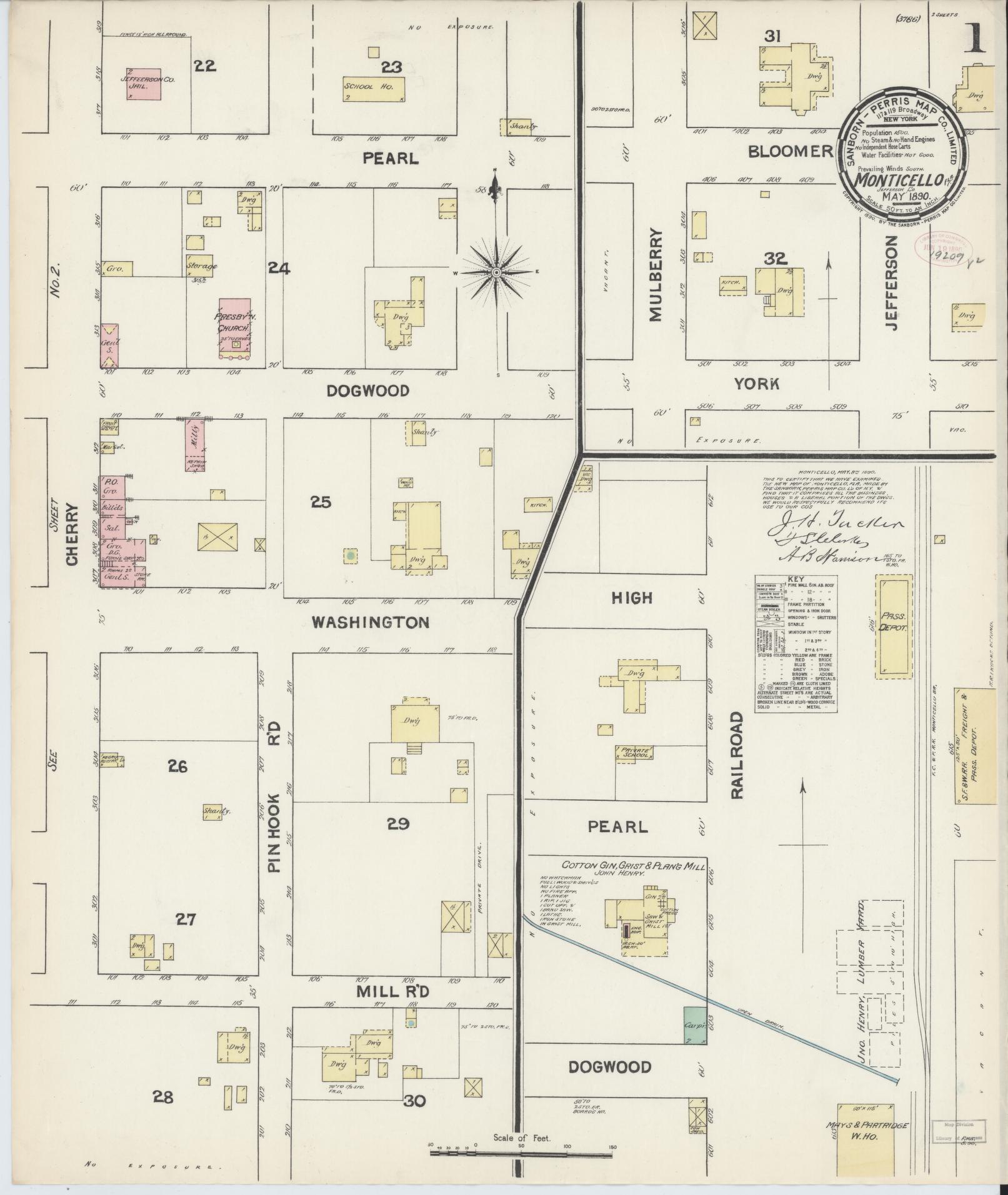 Sanborn Fire Insurance Map from Monticello, Jefferson County, Florida (1890), Sheet #0001 - Historic Sanborn Fire Insurance Map Print, vintage old map wall art, antique decor, genealogy gift, Florida Florida map