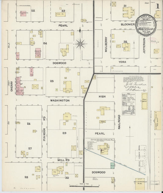Sanborn Fire Insurance Map from Monticello, Jefferson County, Florida (1890), Sheet #0001 - Historic Sanborn Fire Insurance Map Print, vintage old map wall art, antique decor, genealogy gift, Florida Florida map