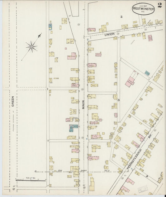 Sanborn Fire Insurance Map from Westminster, Carroll County, Maryland (1887), Sheet #0002 - Historic Sanborn Fire Insurance Map Print, vintage old map wall art, antique decor, genealogy gift, Maryland Maryland map