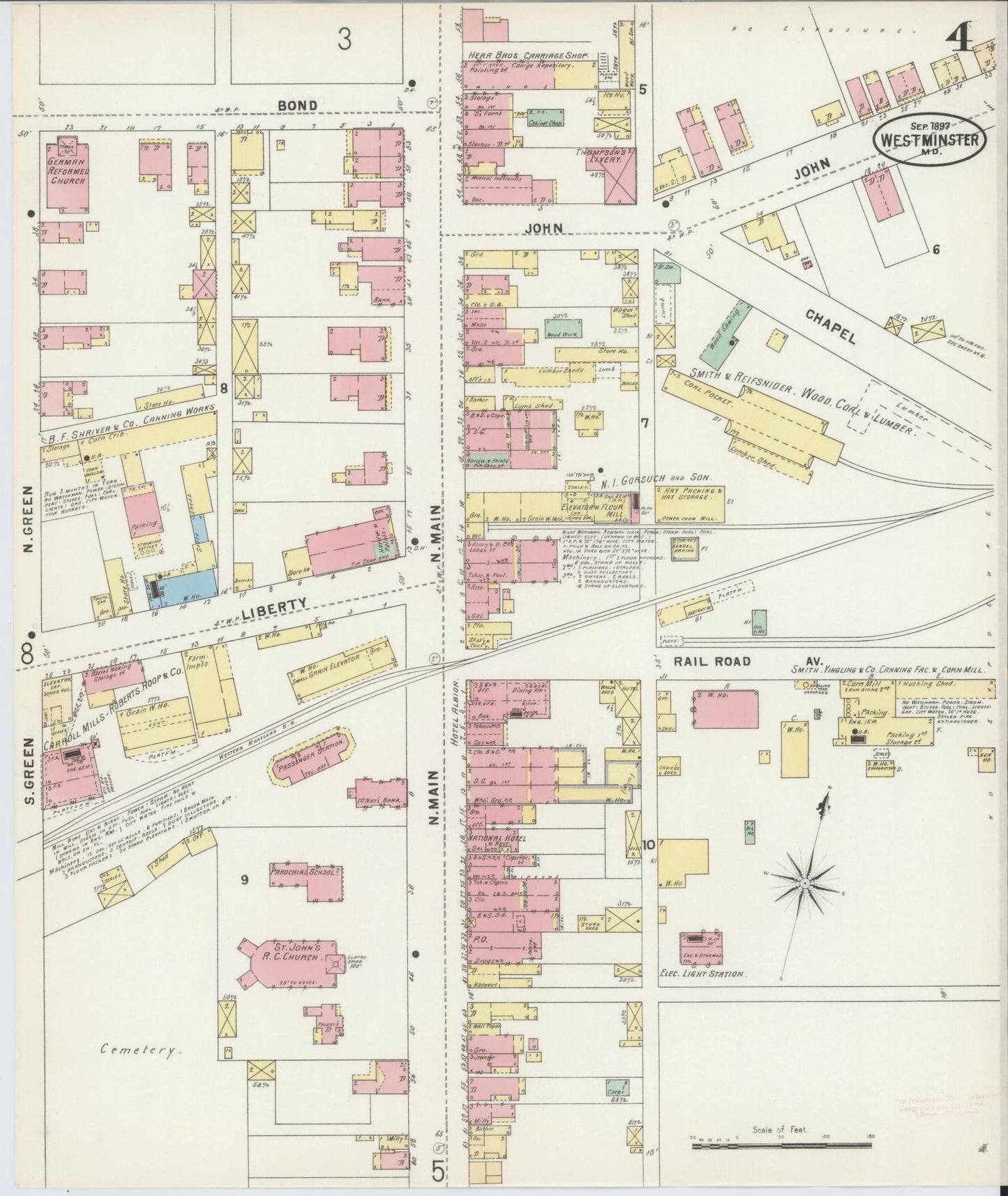 Sanborn Fire Insurance Map from Westminster, Carroll County, Maryland (1897), Sheet #0004 - Historic Sanborn Fire Insurance Map Print, vintage old map wall art, antique decor, genealogy gift, Maryland Maryland map