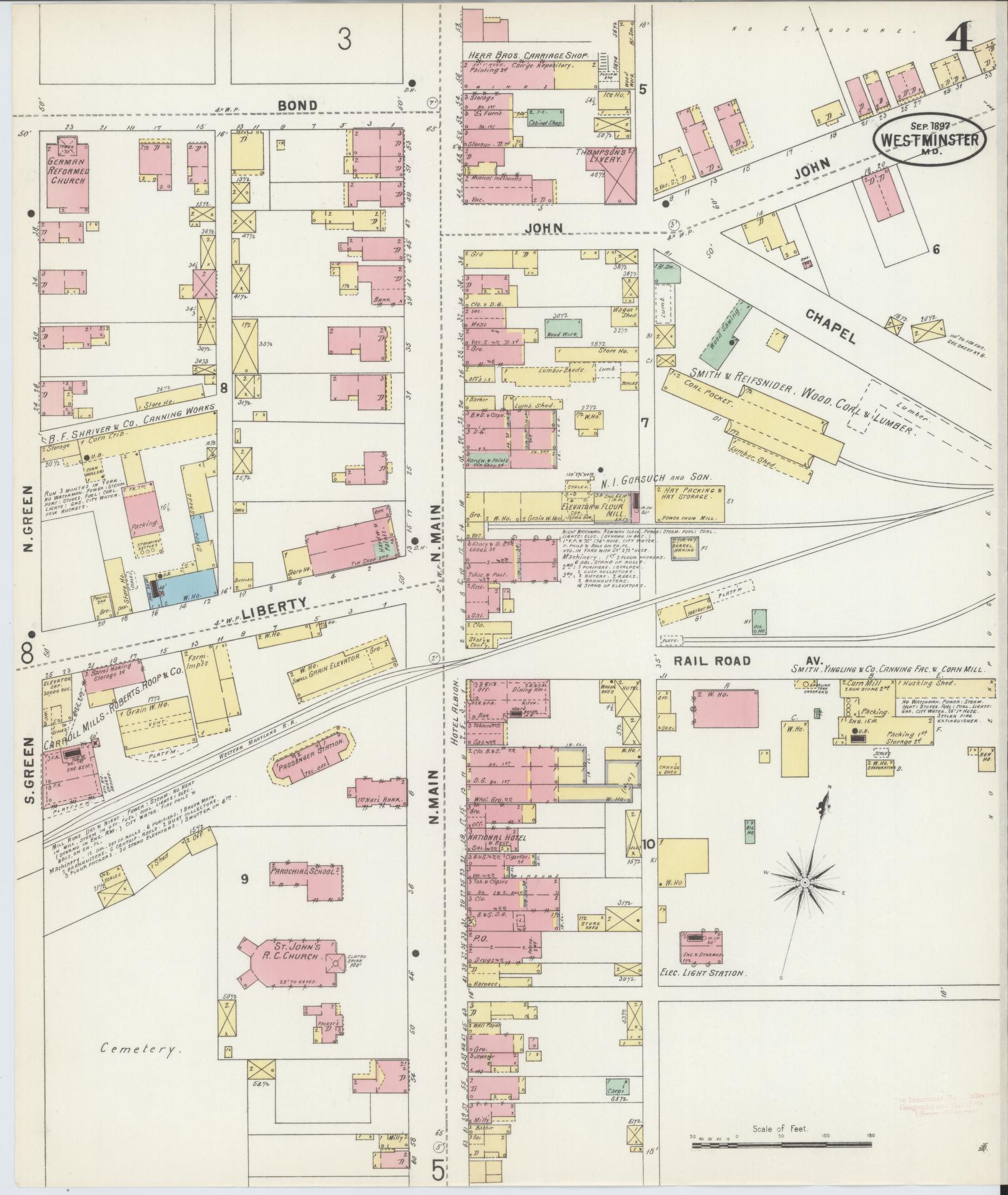 Sanborn Fire Insurance Map from Westminster, Carroll County, Maryland (1897), Sheet #0004 - Historic Sanborn Fire Insurance Map Print, vintage old map wall art, antique decor, genealogy gift, Maryland Maryland map