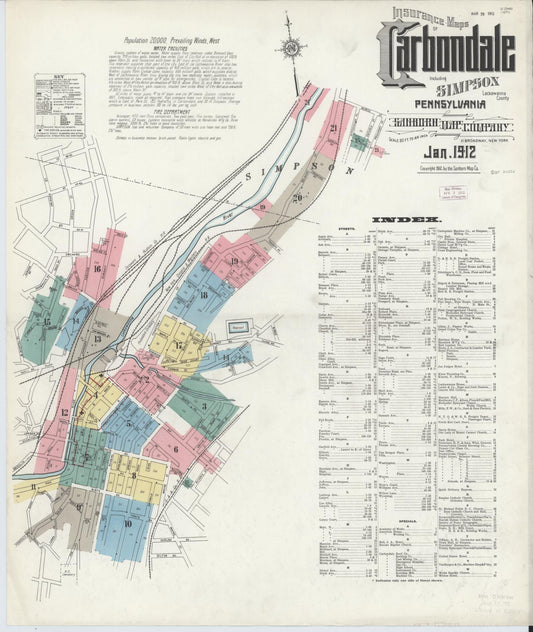 Sanborn Fire Insurance Map from Carbondale, Lackawanna County, Pennsylvania (1912), Sheet #0001 - Historic Sanborn Fire Insurance Map Print, vintage old map wall art, antique decor, genealogy gift, Pennsylvania Pennsylvania map